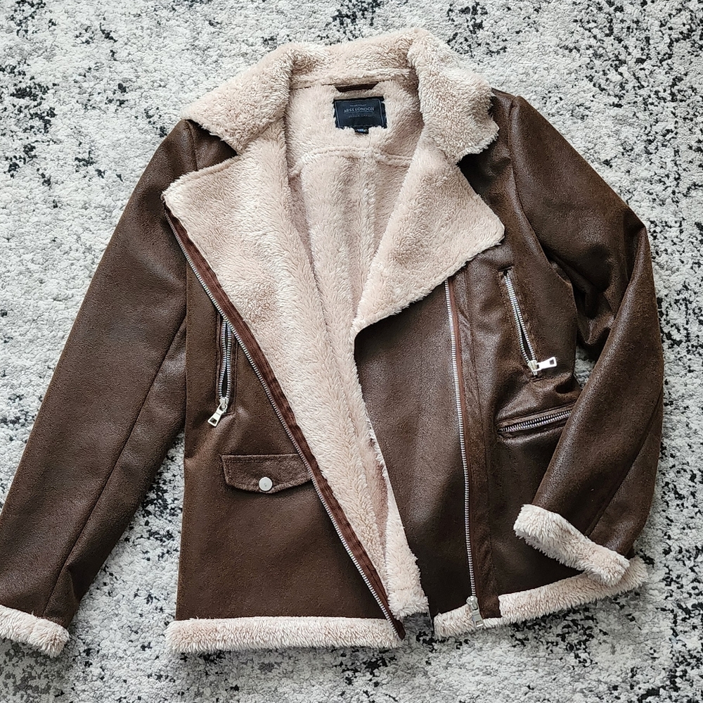 *SOLD* MISS LONDON Faux Leather Aviator Jacket Womens Size M Brown Cream - Picture 1 of 10